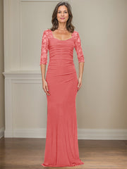 Sheath/Column Square Neckline 3/4 Sleeves Floor-Length Jersey Mother Of The Bride Dresses With Lace