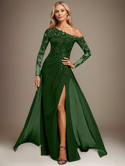 Trumpet/Mermaid Asymmetrical Illusion Floor-Length Lace Chiffon Evening Dress With Sequins