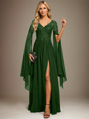 A-line V-Neck Floor-Length Lace Chiffon Evening Dress