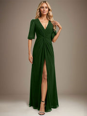 A-line V-Neck Floor-Length Chiffon Evening Dress With Pleated