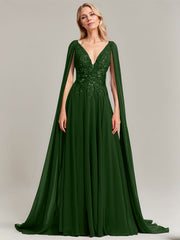 A-line V-Neck Sweep Train Lace Chiffon Evening Dress With Sequins