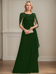 A-line Scoop Illusion Floor-Length Lace Chiffon Mother of the Bride Dress With Cascading Ruffles Sequins