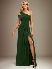 Sheath/Column Cold Shoulder One Shoulder Floor-Length Chiffon Evening Dress With Cascading Ruffles