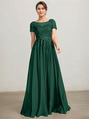 A-line Illusion Scoop Floor-Length Lace Chiffon Mother of the Bride Dress With Sequins
