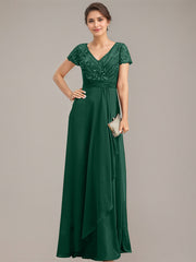 A-line V-Neck Floor-Length Chiffon Lace Mother of the Bride Dress With Beading Sequins Cascading Ruffles