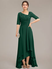 A-line Asymmetrical Asymmetrical Lace Chiffon Mother of the Bride Dress With Pleated Sequins