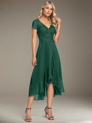 A-line V-Neck Asymmetrical Lace Chiffon Mother of the Bride Dress