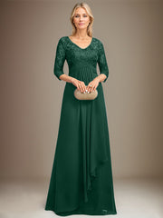 Empire V-Neck Floor-Length Lace Chiffon Mother of the Bride Dress With Cascading Ruffles Sequins