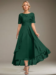 A-line Scoop Illusion Asymmetrical Lace Chiffon Mother of the Bride Dress