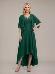 A-line V-Neck Asymmetrical Chiffon Mother of the Bride Dress With Beading Sequins