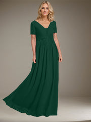 A-line V-Neck Floor-Length Chiffon Mother of the Bride Dress With Appliques Lace