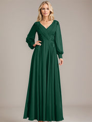 A-line V-Neck Floor-Length Chiffon Mother of the Bride Dress With Sequins Appliques Lace Pleated