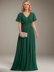 A-line V-Neck Floor-Length Chiffon Mother of the Bride Dress With Crystal Brooch Pleated
