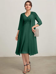 A-line V-Neck Knee-Length Chiffon Lace Mother of the Bride Dress With Pleated Beading Sequins