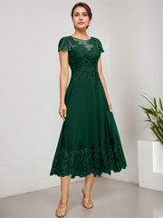 A-line Scoop Illusion Tea-Length Lace Chiffon Mother of the Bride Dress With Sequins