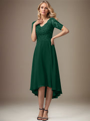 A-line V-Neck Asymmetrical Lace Chiffon Mother of the Bride Dress With Sequins