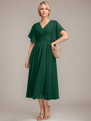 A-line V-Neck Tea-Length Chiffon Mother of the Bride Dress With Pleated Beading