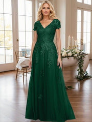 A-Line V-Neck Short Sleeves Sweep Train Lace/Tulle Mother Of The Bride Dresses