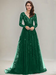 Ball-Gown/Princess V-Neck Sweep Train Tulle Lace Evening Dress With Sequins