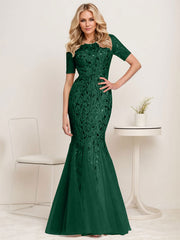 Floral Sequin Print Maxi Long Fishtail Tulle Mother Of The Bride Dresses
