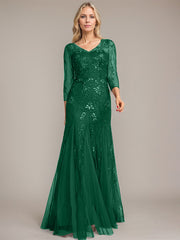 Trumpet/Mermaid Illusion V-Neck Floor-Length Tulle Sequin Lace Mother of the Bride Dress