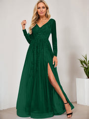 A-line V-Neck Floor-Length Tulle Prom Dresses With Sequins Appliques Lace Beading