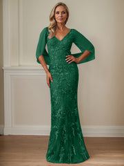 Sheath V-Neck Floor-Length Tulle Mother of the Bride Dress