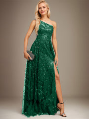 A-line One Shoulder Illusion Floor-Length Sequin Lace Evening Dress