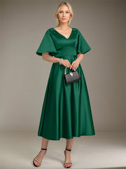 A-line V-Neck Tea-Length Satin Mother of the Bride Dress With Beading