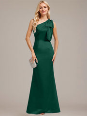 Sheath/Column One Shoulder Floor-Length Satin Evening Dress With Bow Pleated