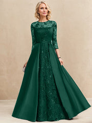 A-line Scoop Illusion Floor-Length Satin Lace Evening Dress With Sequins