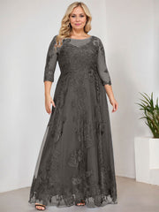 A-line Scoop Illusion Floor-Length Tulle Lace Mother of the Bride Dress With Sequins