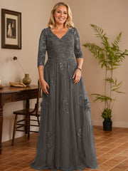 A-line V-Neck Floor-Length Tulle Lace Mother of the Bride Dress With Sequins