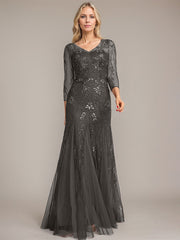 Trumpet/Mermaid Illusion V-Neck Floor-Length Tulle Sequin Lace Mother of the Bride Dress