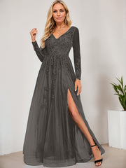 A-line V-Neck Floor-Length Tulle Prom Dresses With Sequins Appliques Lace Beading