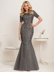 Floral Sequin Print Maxi Long Fishtail Tulle Mother Of The Bride Dresses