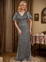 Sheath V-neck Short Sleeves Floor-Length Lace Mother of the Bride Dress