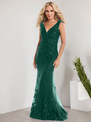 A-line V-Neck Floor-Length Lace Chiffon Mother of the Bride Dress With Applique Sequins Mermaid Dresses