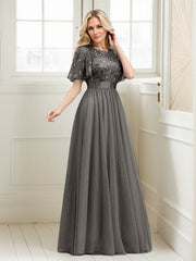 A-Line Short Sleeve Embroidery Mother Of The Bride Dress