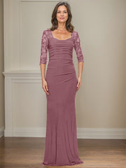 Sheath/Column Square Neckline 3/4 Sleeves Floor-Length Jersey Mother Of The Bride Dresses With Lace
