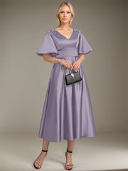 A-line V-Neck Tea-Length Satin Mother of the Bride Dress With Beading