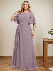 A-line Scoop Floor-Length Chiffon Mother of the Bride Dress With Cascading Ruffles Beading Sequins