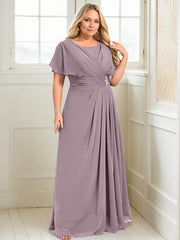 A-line Scoop Floor-Length Chiffon Mother of the Bride Dress With Pleated Beading