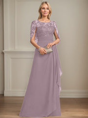 A-line Scoop Illusion Floor-Length Lace Chiffon Mother of the Bride Dress With Cascading Ruffles Sequins