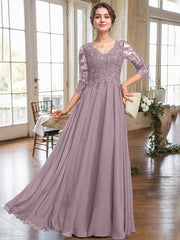 A-line V-Neck Floor-Length Lace Chiffon Mother of the Bride Dress With Sequins