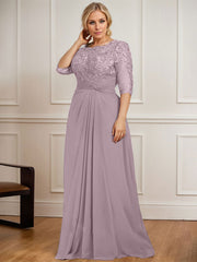 A-line Scoop Illusion Floor-Length Chiffon Lace Mother of the Bride Dress With Pleated Sequins Beading