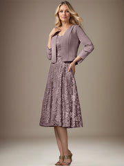 A-line V-Neck Knee-Length Chiffon Lace Mother of the Bride Dress With Beading Sequins