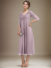 A-line V-Neck Tea-Length Chiffon Lace Mother of the Bride Dress With Beading