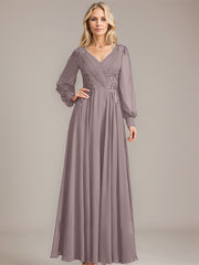 A-line V-Neck Floor-Length Chiffon Mother of the Bride Dress With Sequins Appliques Lace Pleated