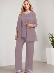 Separates Pantsuit Scoop Floor-Length Lace Chiffon Mother of the Bride Dress With Sequins